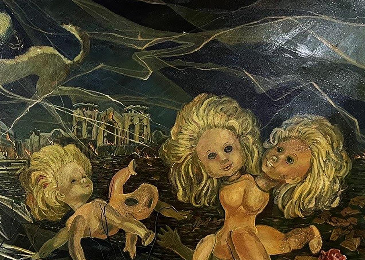 Oil painting Psychedelic Walk by Leonid Ilyinsky with surreal blonde doll figures