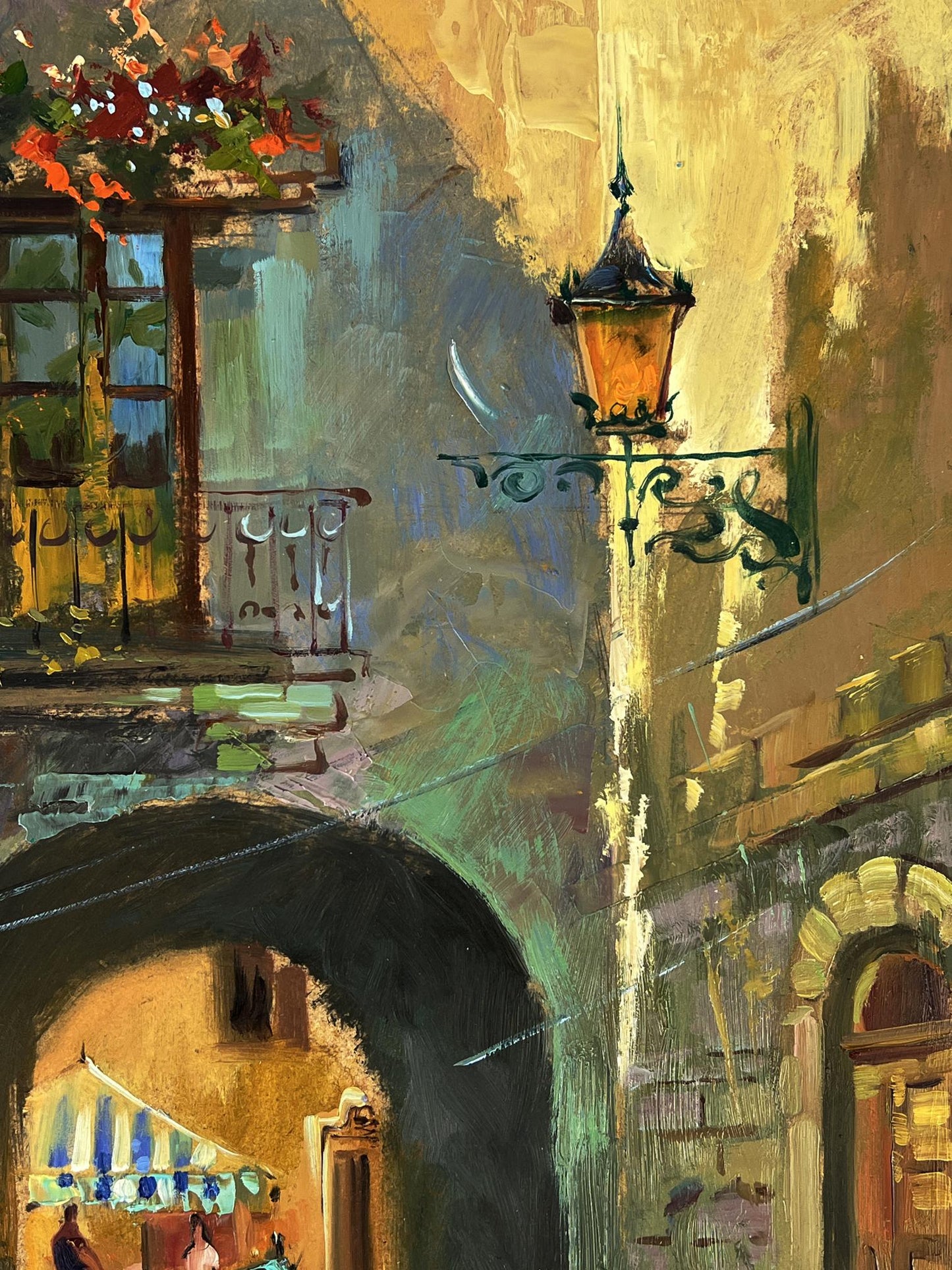 Vintage wrought iron street lamp with amber shade in Yuriy Suprunchuk Venice painting