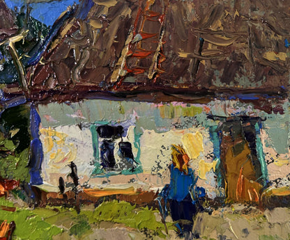 Rustic impressionistic oil painting of Quiet Evening Courtyard by Oksana Ivanyuk