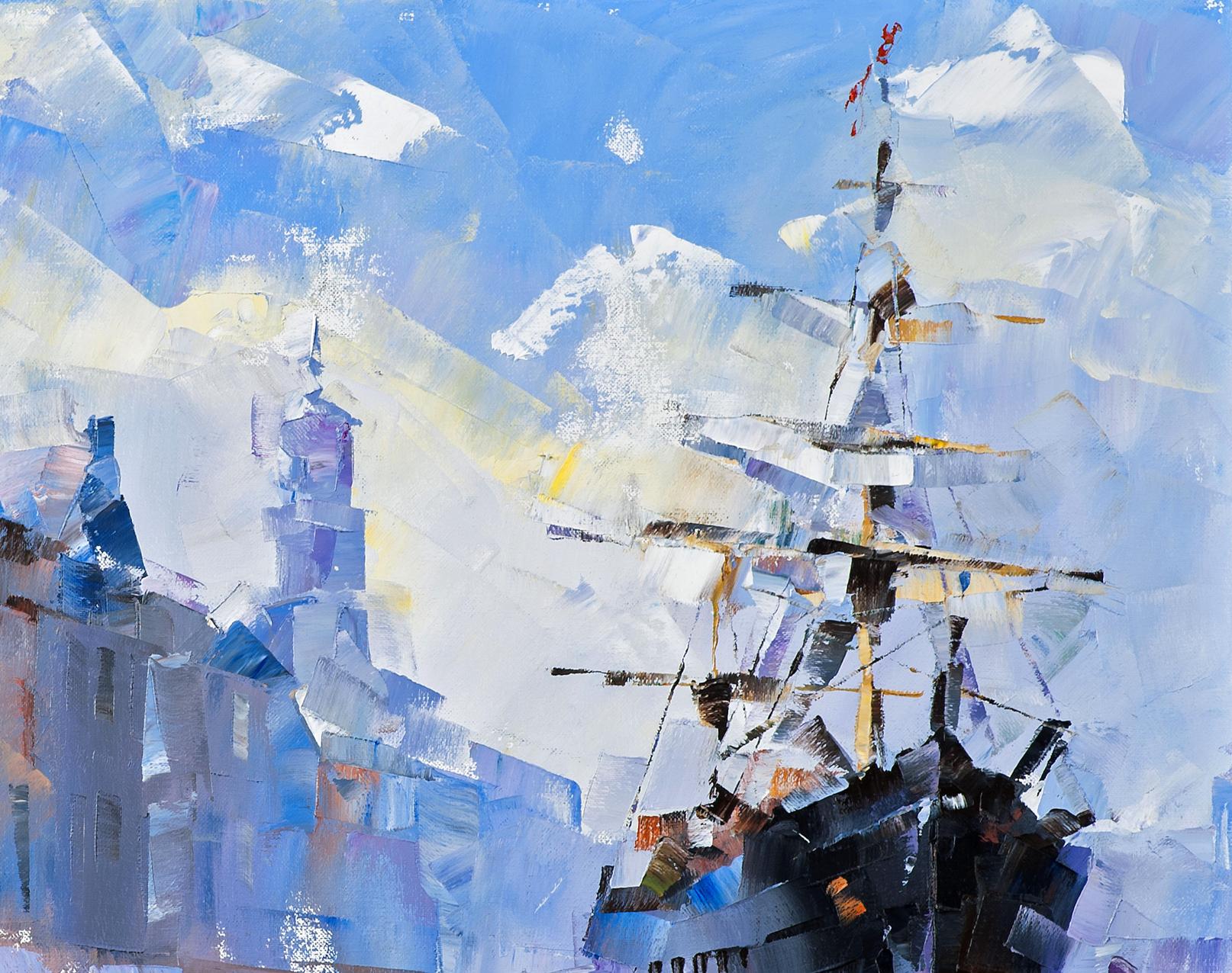 Oil painting Channel of Calm by Volodymyr Gluhomanyuk: tall ship