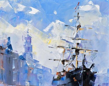 Oil painting Channel of Calm by Volodymyr Gluhomanyuk: tall ship