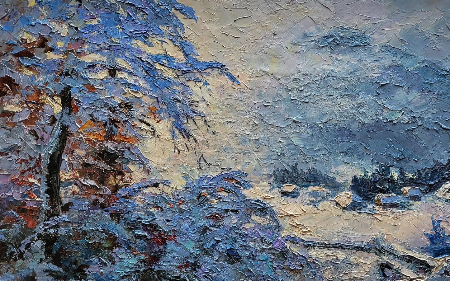 Oil painting of winter mountains by Boris Serdyuk, impressionist snowy landscape
