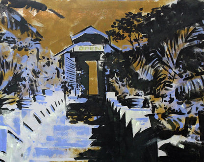 Oil painting Open Ed Potapenkov: small blue building with open sign amid bold foliage on golden sky