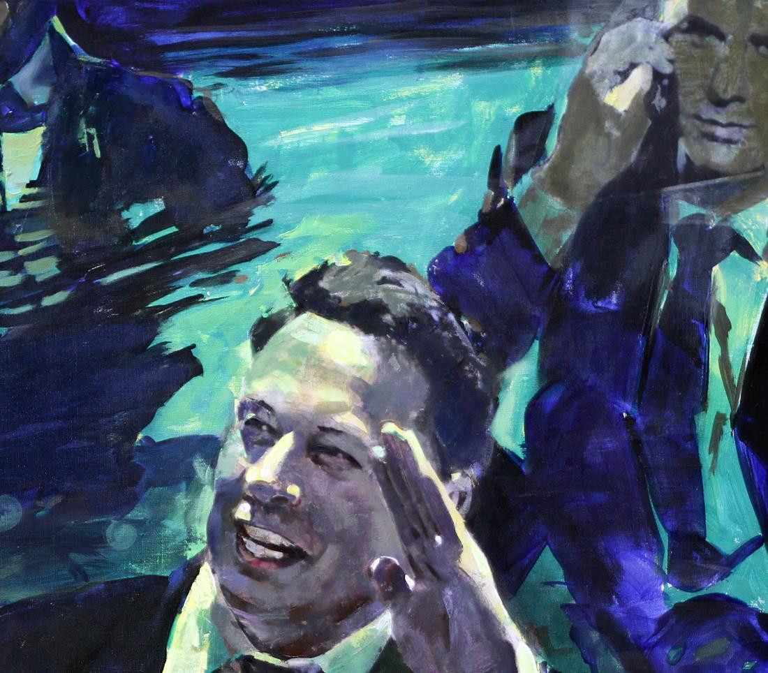 Vibrant abstract oil painting of smiling Elon Ed Potapenkov in suit, teal blue strokes