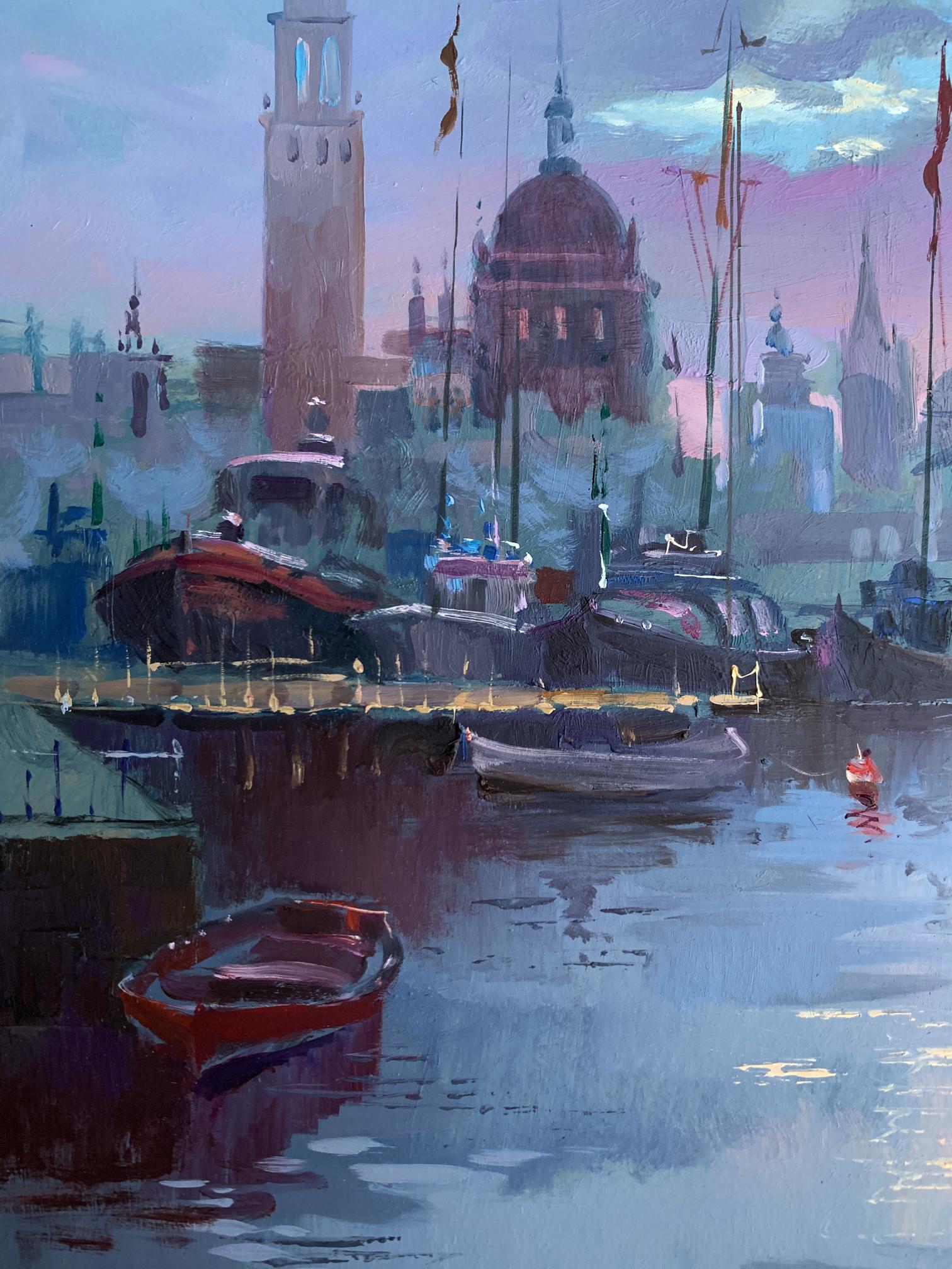 Oil painting by Yuriy Suprunchuk: red rowboat on calm twilight harbor