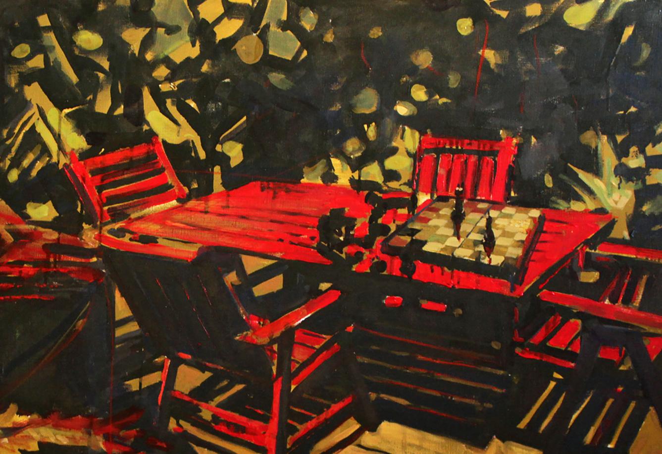 Vibrant oil painting Heat Ed Potapenkov: red table with chessboard and chairs