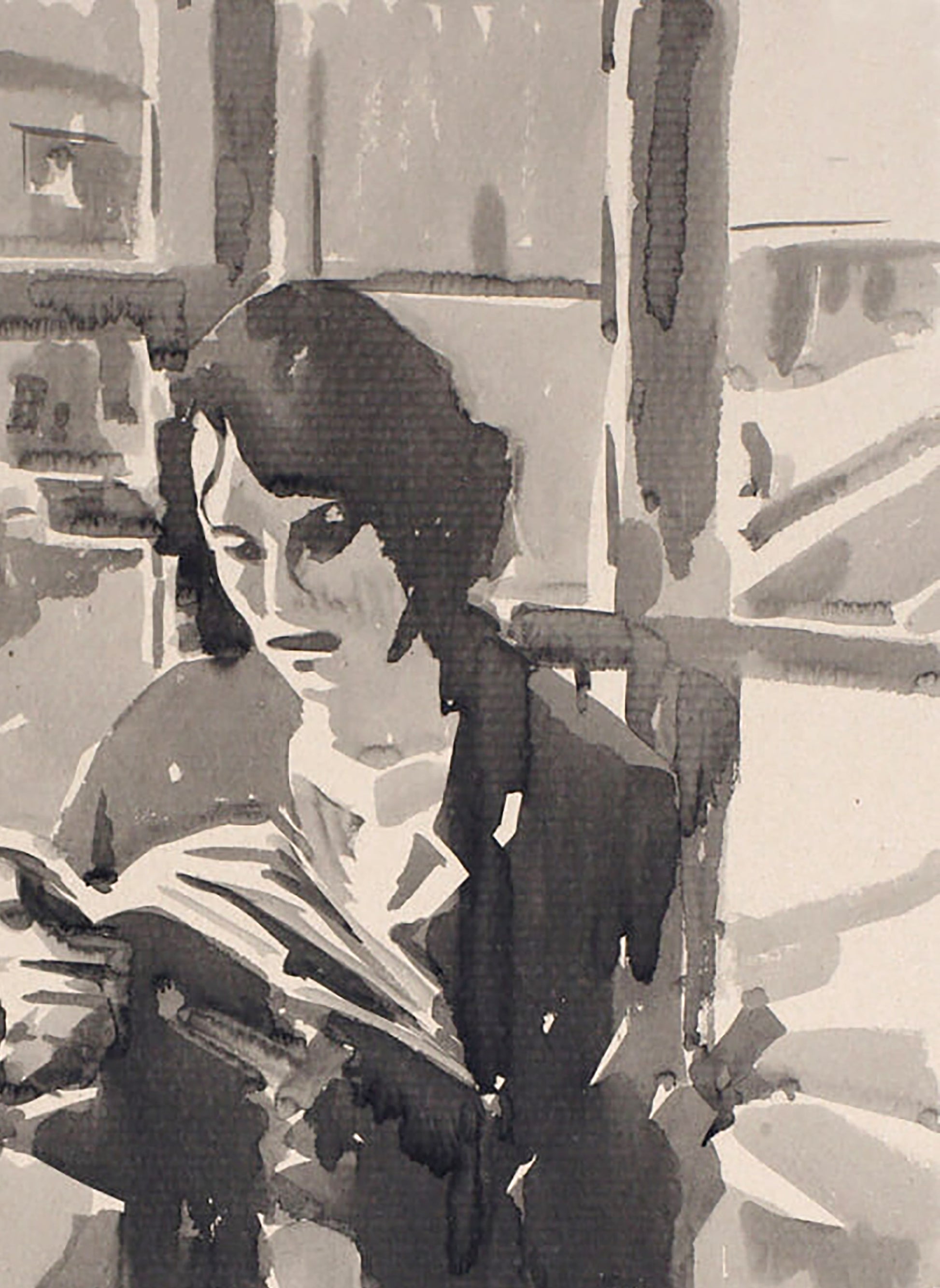 Watercolor illustration of pigtail girl with book by Dima Filatov