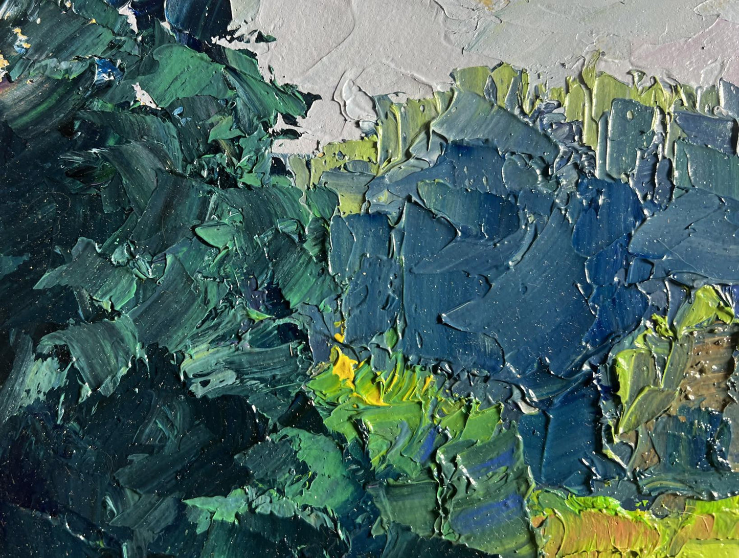 Oil painting The storks have arrived by Boris Serdyuk with impasto greens and blues