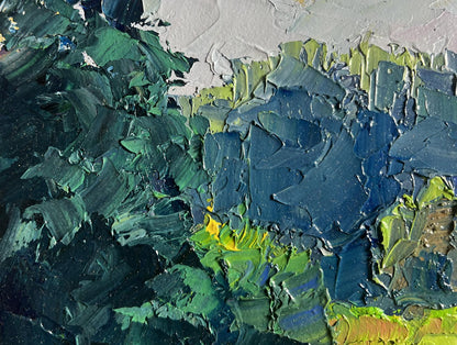 Oil painting The storks have arrived by Boris Serdyuk with impasto greens and blues