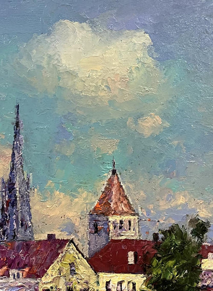 Oil painting of village with church spires by Serhiy Rybak