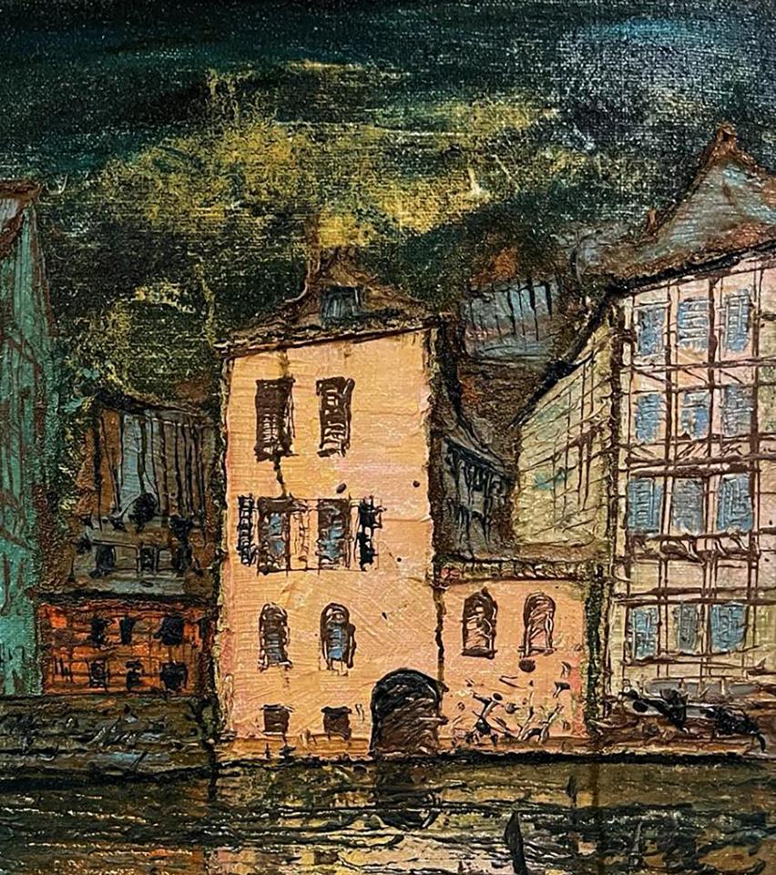 Oil painting Reincarnation by Serhiy Kovalev: European town at dusk