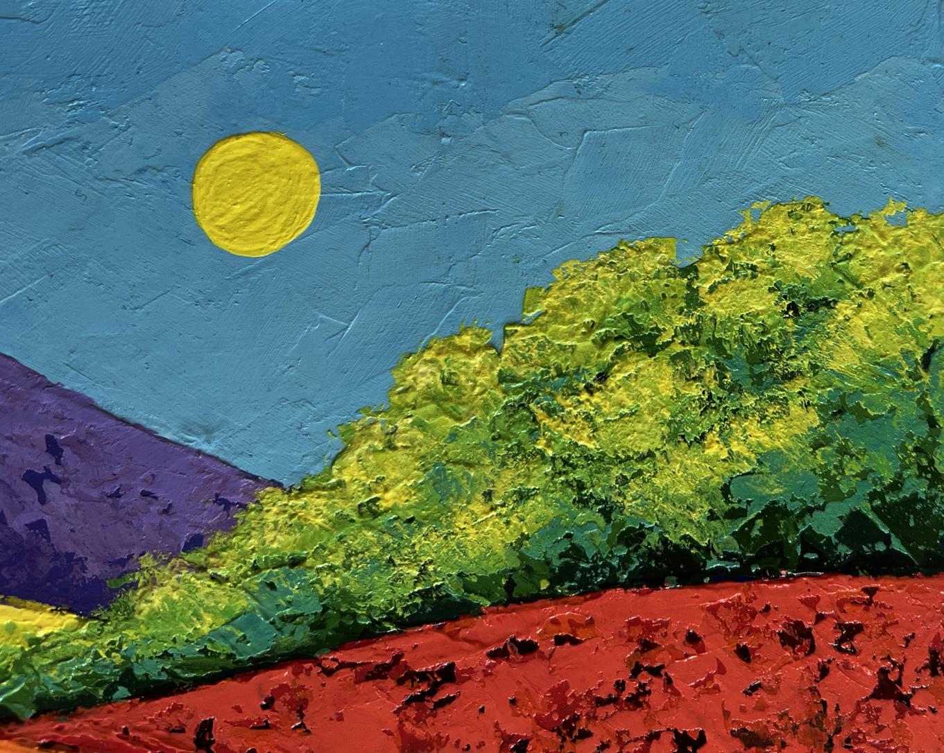 Oil painting Warm wind among the meadows by V. Zadorozhnya: vibrant yellow sun, blue sky, green hills, red earth