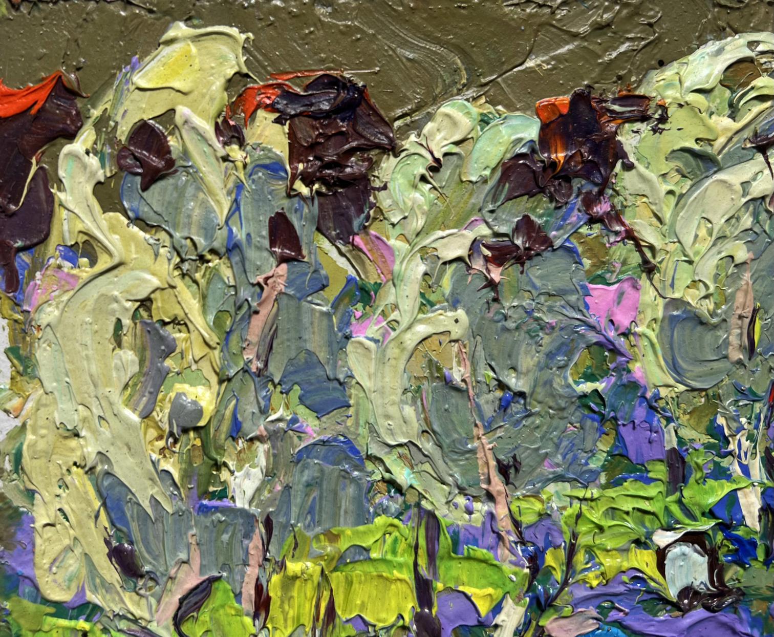 Oil painting In the shade of the garden by Oksana Ivanyuk with impasto green, yellow, purple, brown brushstrokes