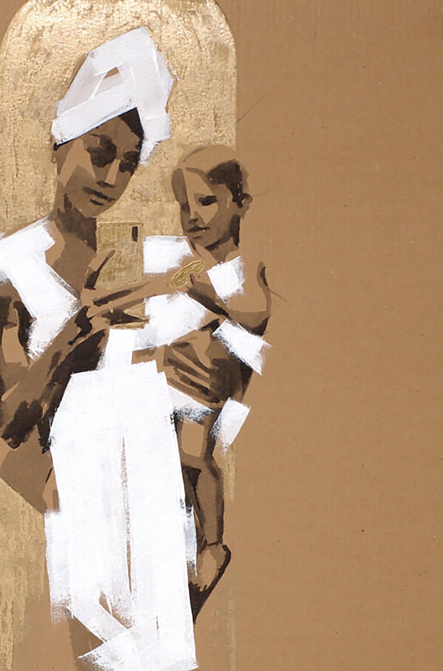 Stylized acrylic painting of Madonna by Dima Filatov, woman in white holding child