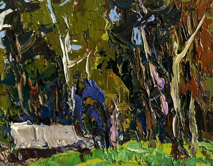 Vibrant impasto oil painting of forest on village edge by Oksana Ivanyuk
