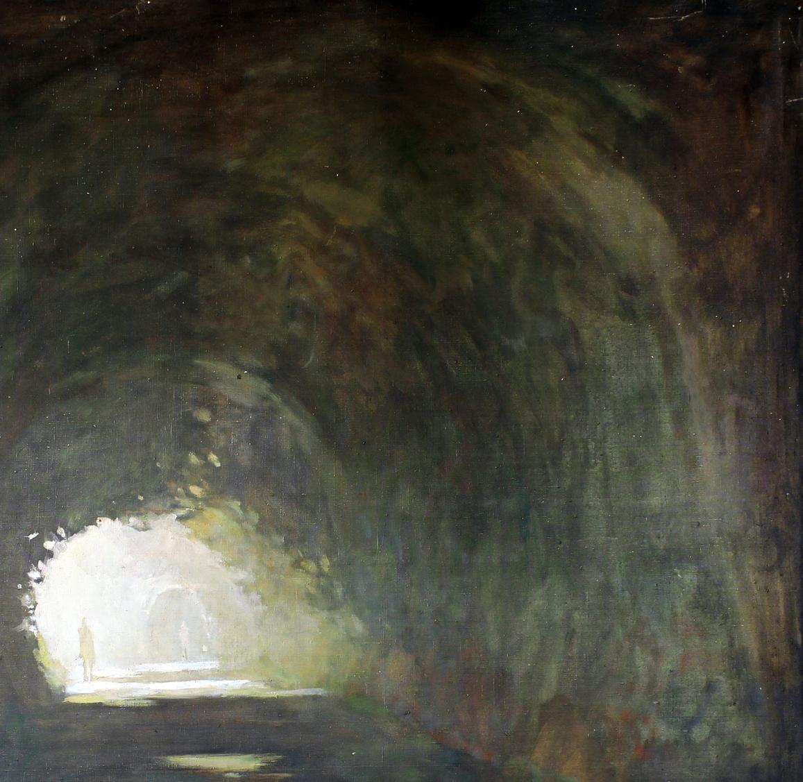 Oil painting PASSAGE by Ed Potapenkov: dimly lit tunnel with glowing exit