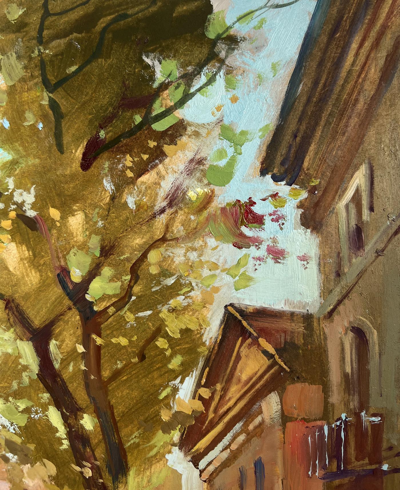 Warm-toned oil painting of city alley with river and autumn trees by Yuriy Suprunchuk