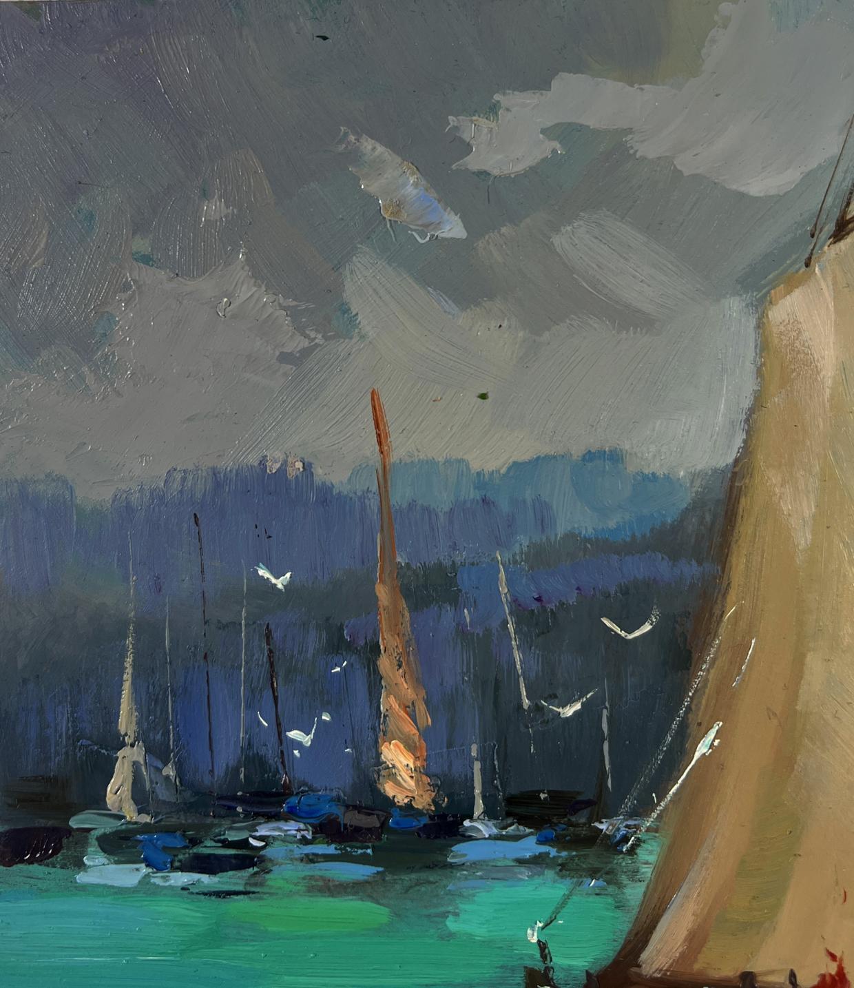 Oil painting of fishermen greeting dawn at sea by Yuriy Suprunchuk
