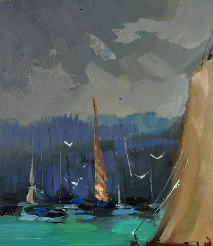 Oil painting of fishermen greeting dawn at sea by Yuriy Suprunchuk