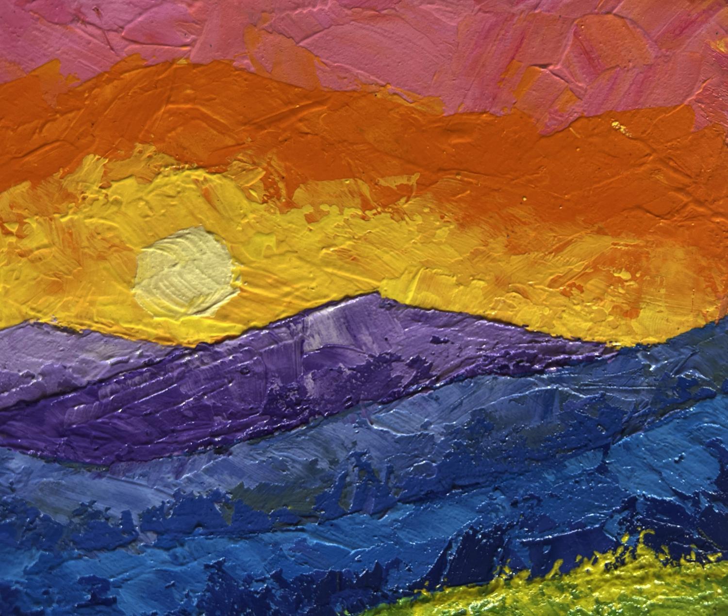 Vibrant oil painting by V. Zadorozhnya: sunset over mountain valley