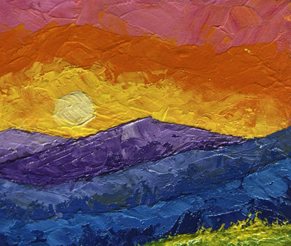 Vibrant oil painting by V. Zadorozhnya: sunset over mountain valley