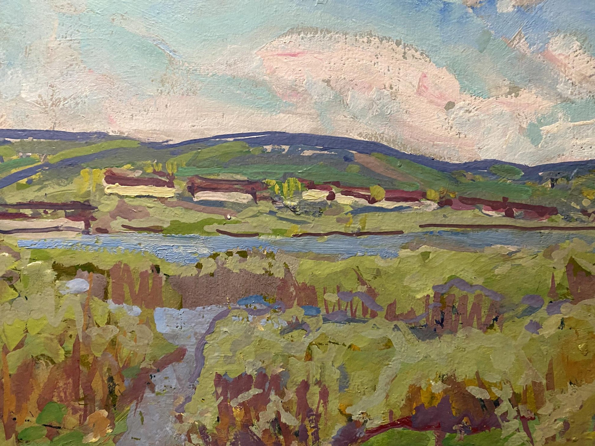 Oil painting Evening by Georgy Kolosovsky: impressionist green hills, river, sky