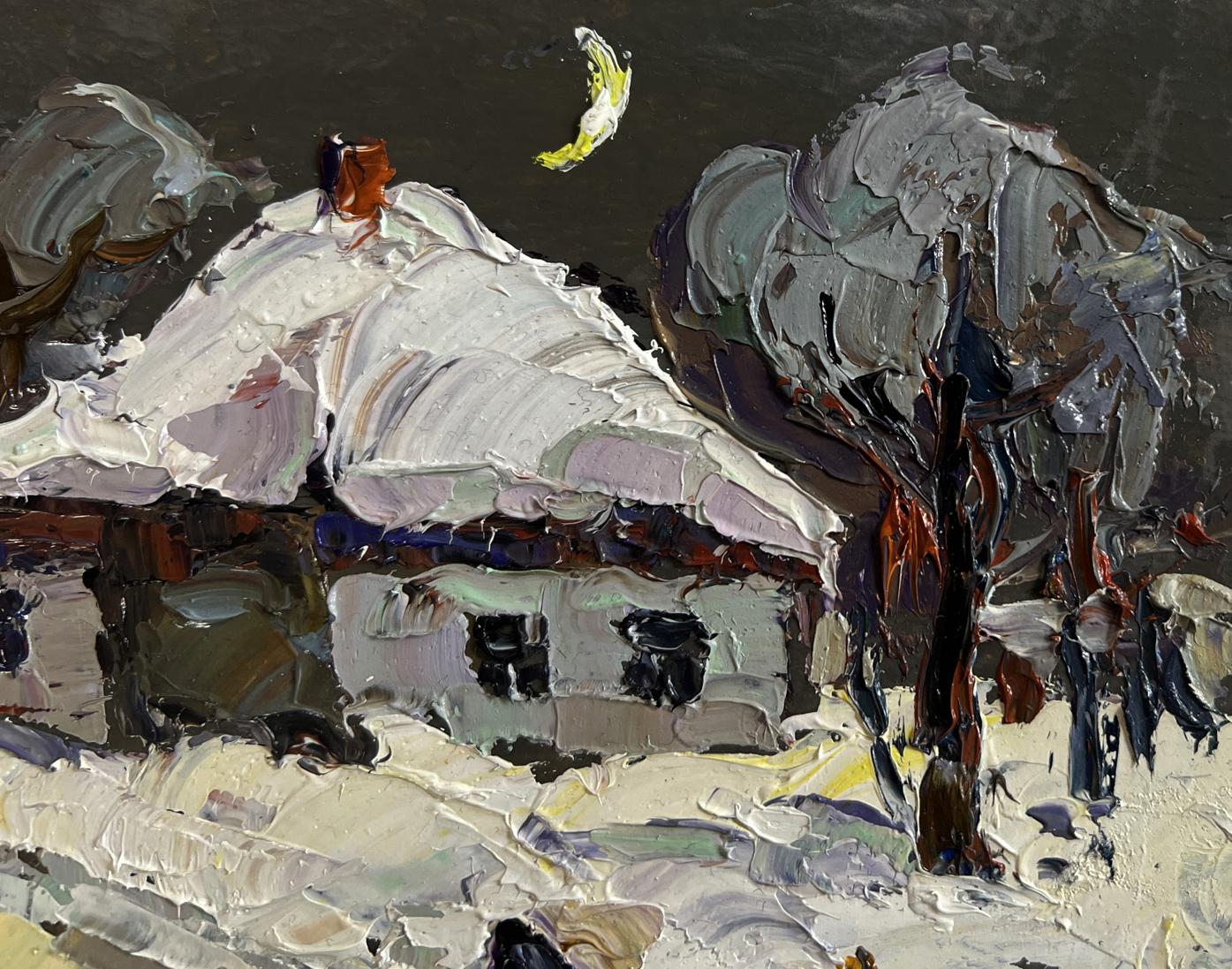 Moonlit winter night oil painting by Oksana Ivanyuk snowy village scene