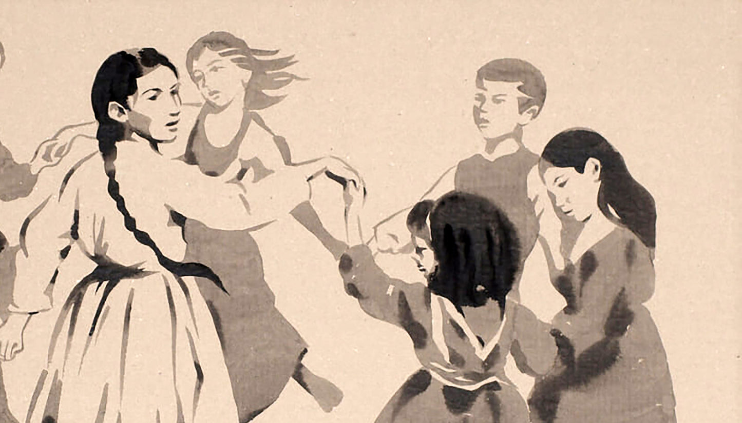 Sepia-toned ink painting of Ukrainians dancing in traditional attire by Dima Filatov