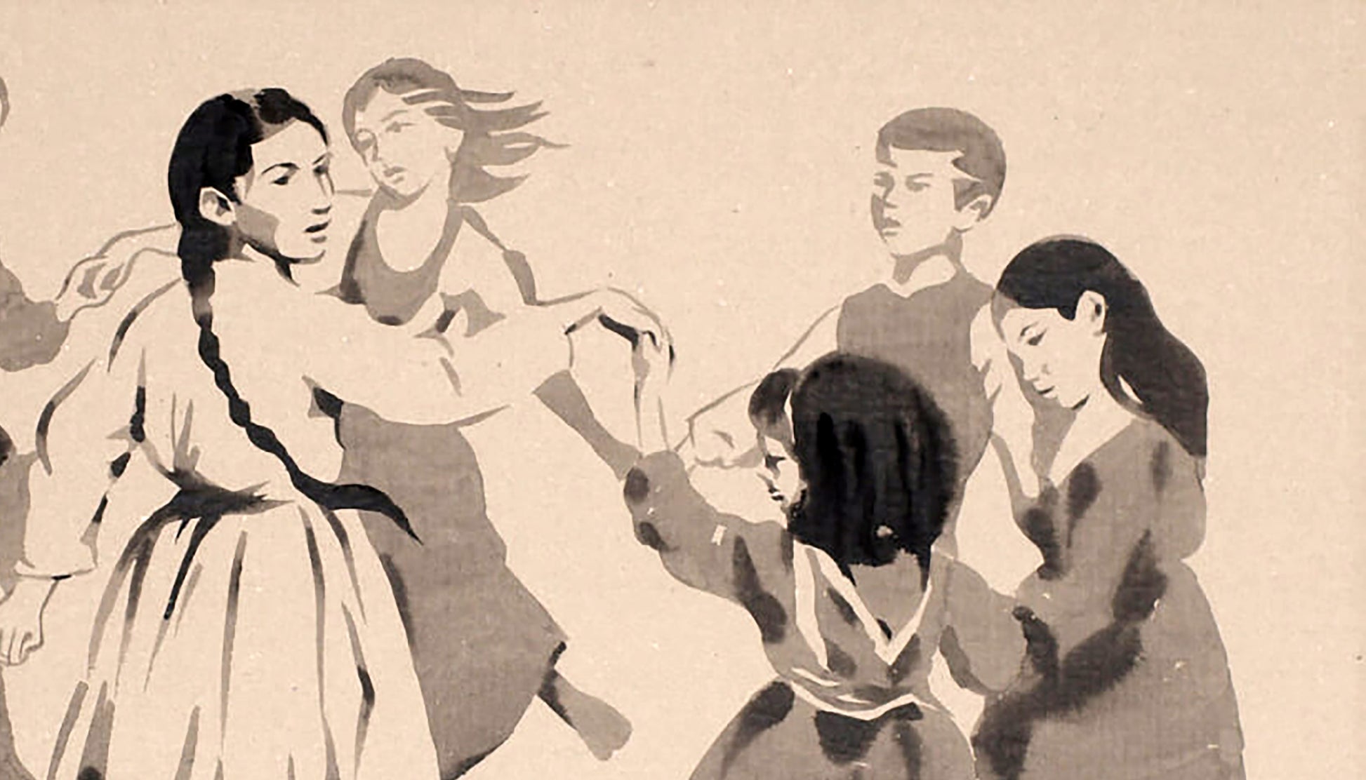 Sepia-toned ink painting of Ukrainians dancing in traditional attire by Dima Filatov