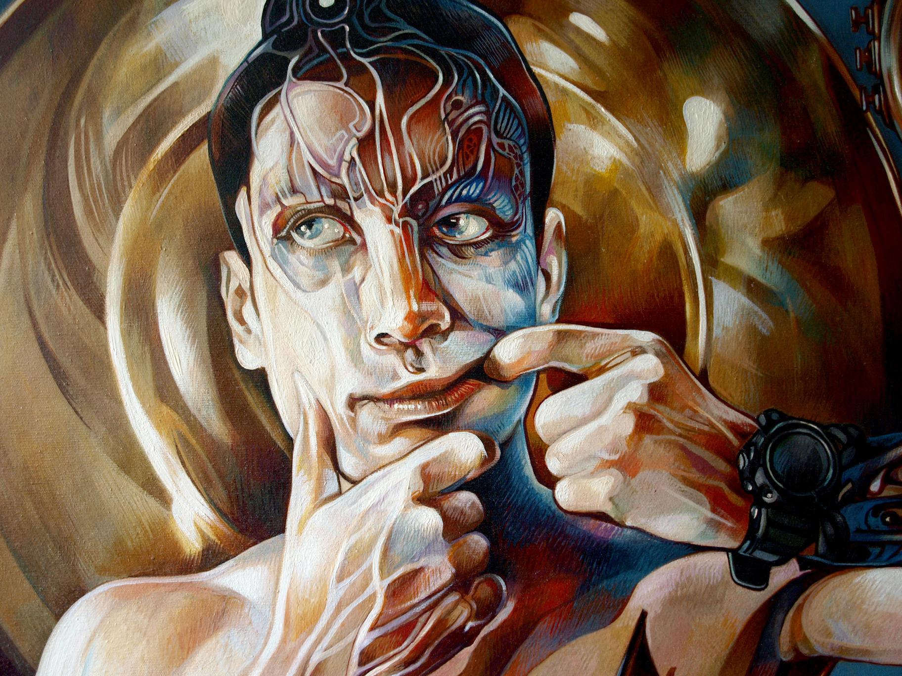 Surreal oil portrait of man with horns in head, glowing blue red veins by Konsta G. Amelinn