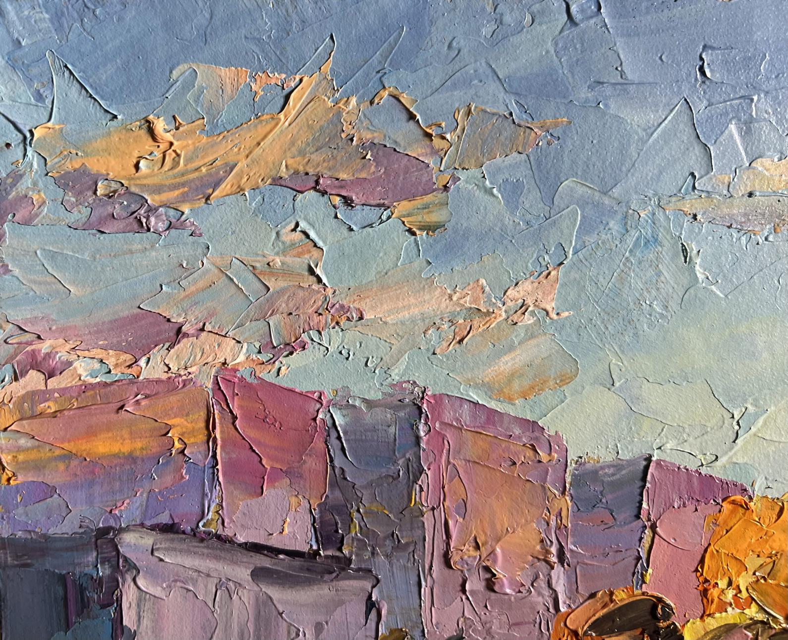 Oil painting Early morning in the city by Boris Serdyuk, impasto blues