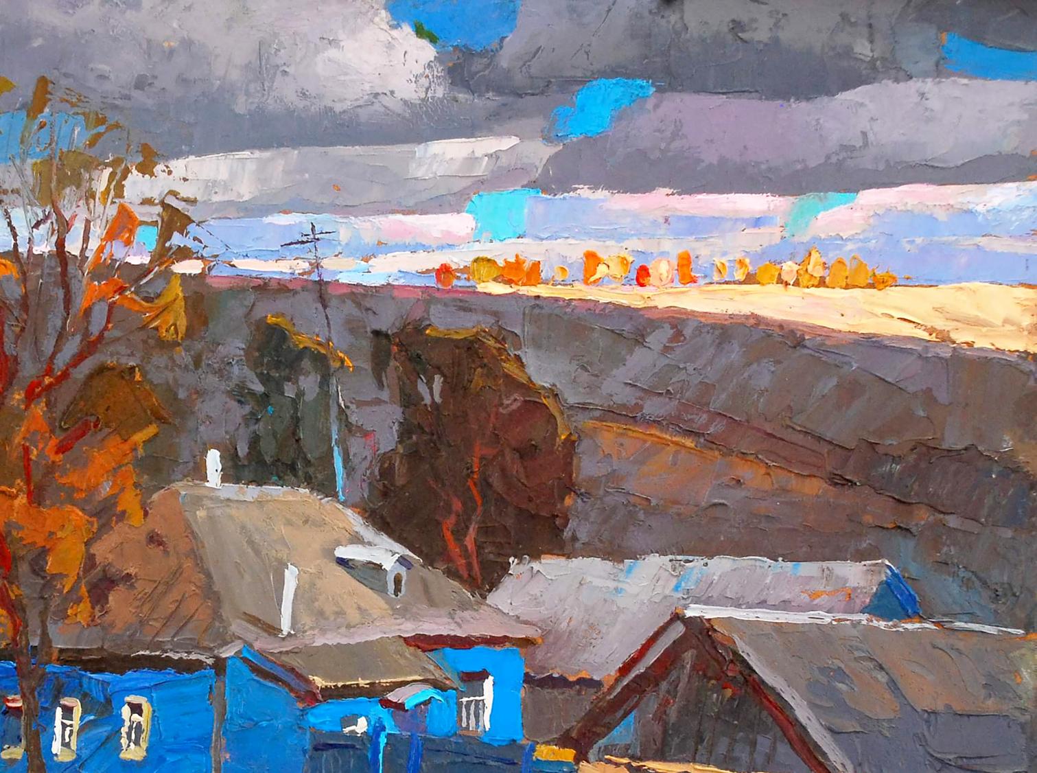 Oil painting The last ray by Egor Shvachunov: vibrant blue house amid autumn trees