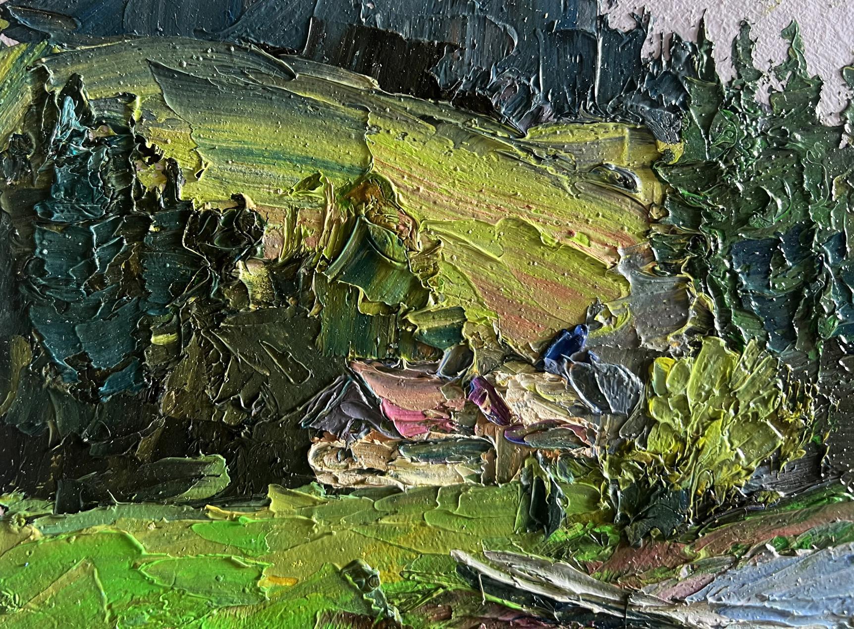 Oil painting of houses in mountains by Boris Serdyuk, impasto greens and blues