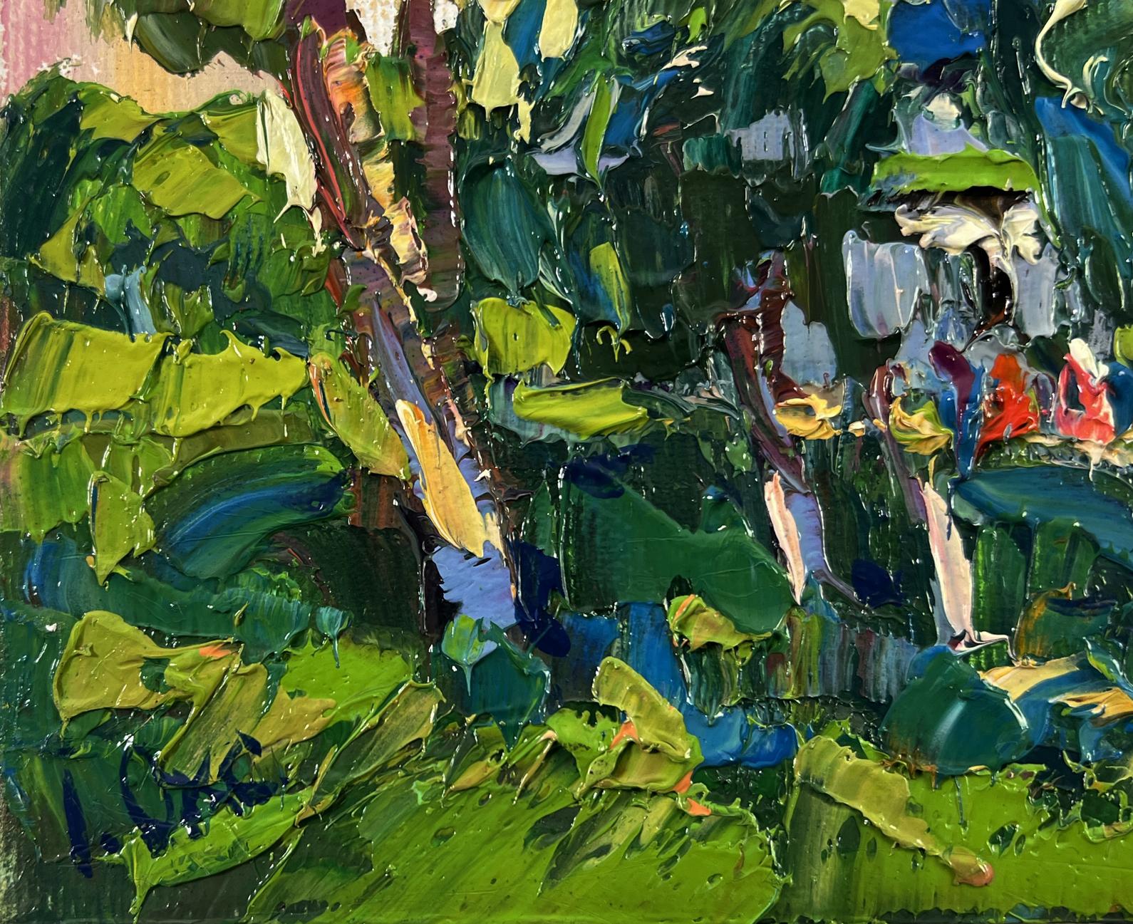 Vibrant impressionist oil painting of Oksana Ivanyuk Morning Church forest scene