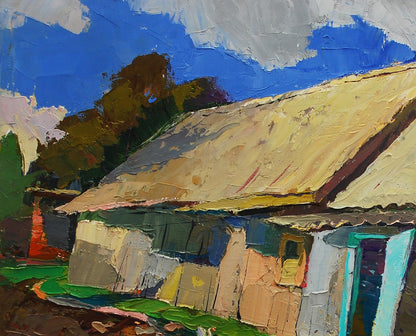 Rustic impressionistic oil painting of Egor Shvachunovs cottage in the yard