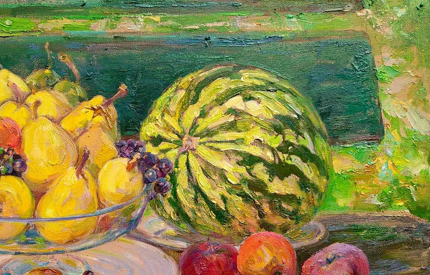 Oil painting Riches of August by Leonid Pavlenko: vibrant green striped watermelon