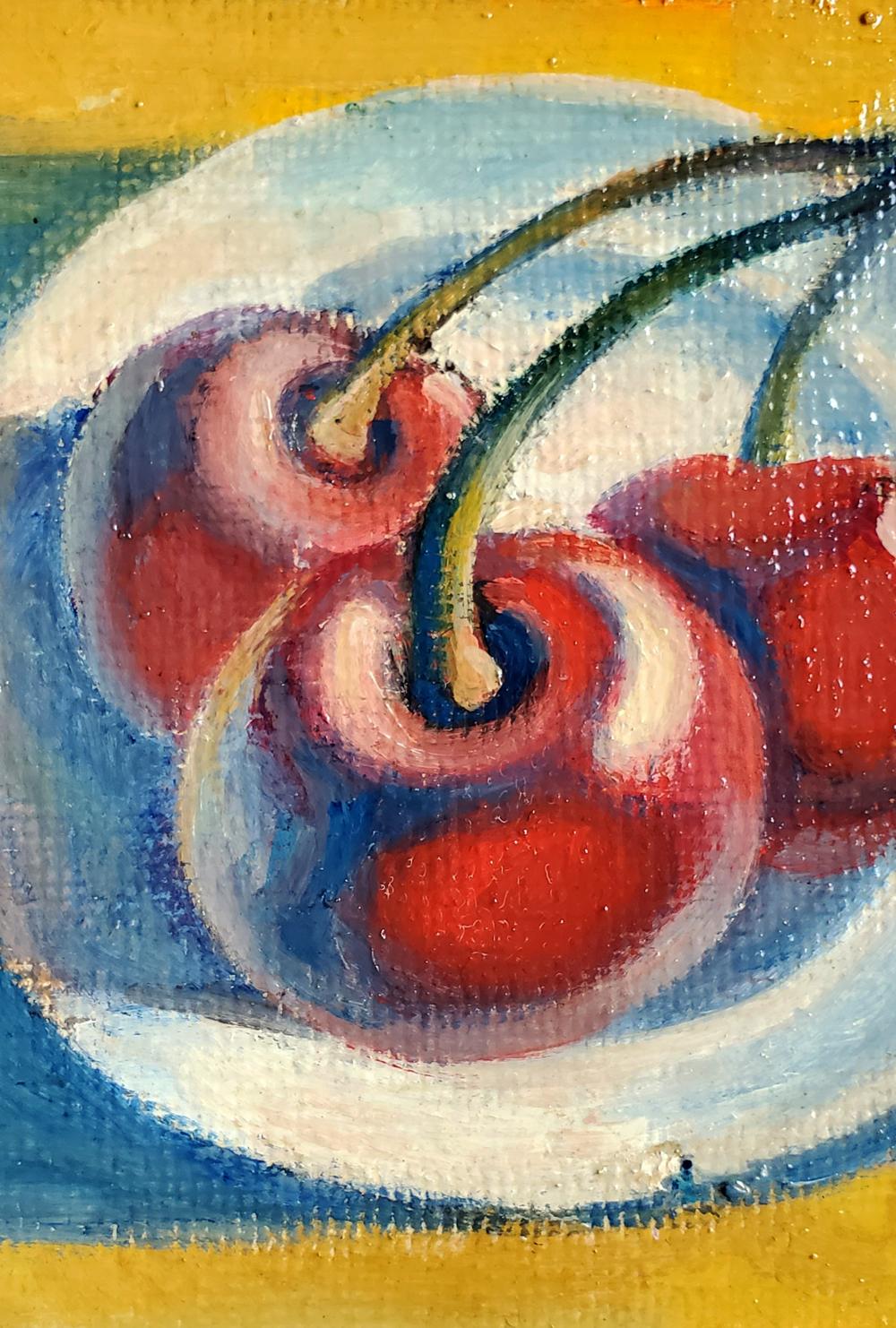 Oil painting of vibrant red cherries by the sea by Daniil Litvinov