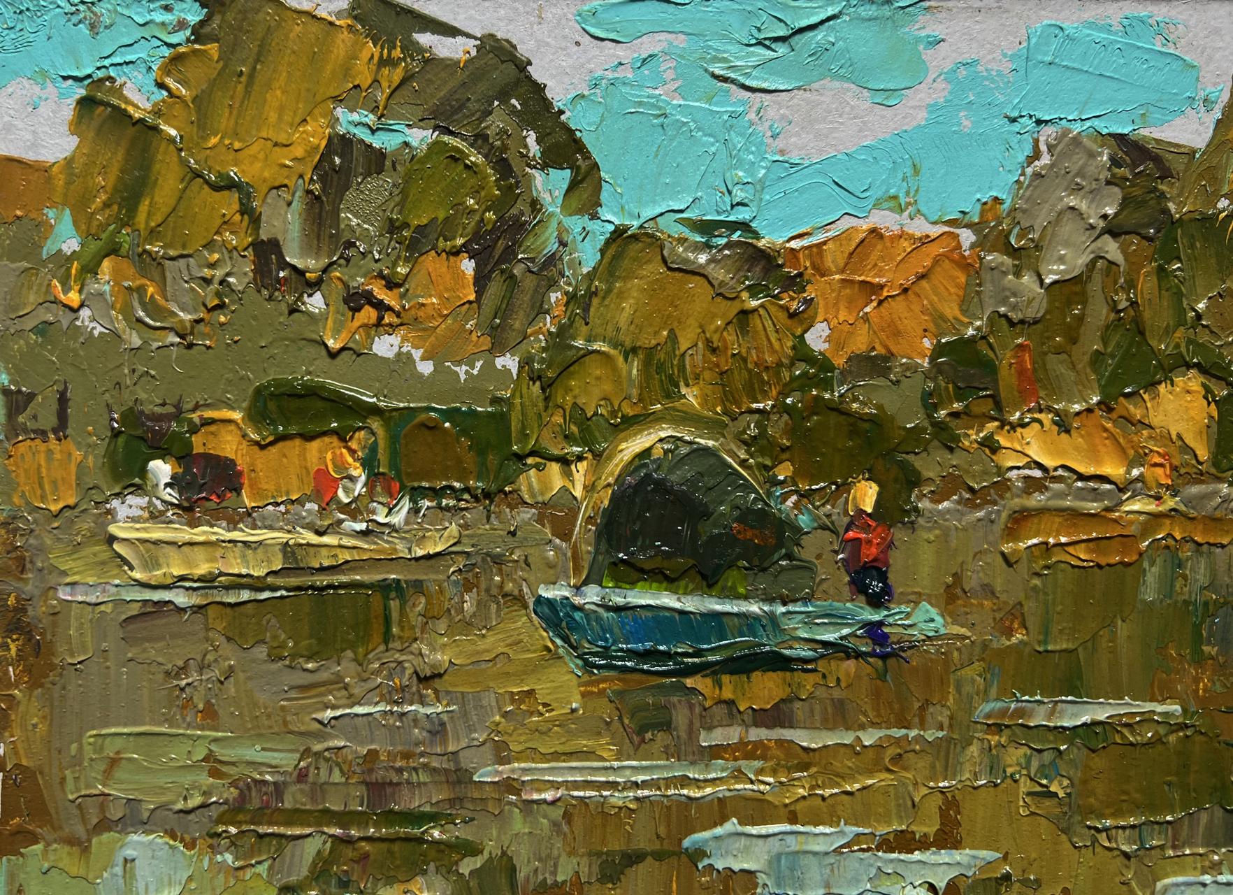 Impasto oil painting by Oleksiy Ivanyuk: teal sky, earthy greens, boat