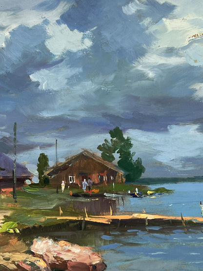 Oil painting of rustic house with thatched roof by river by Yuriy Suprunchuk