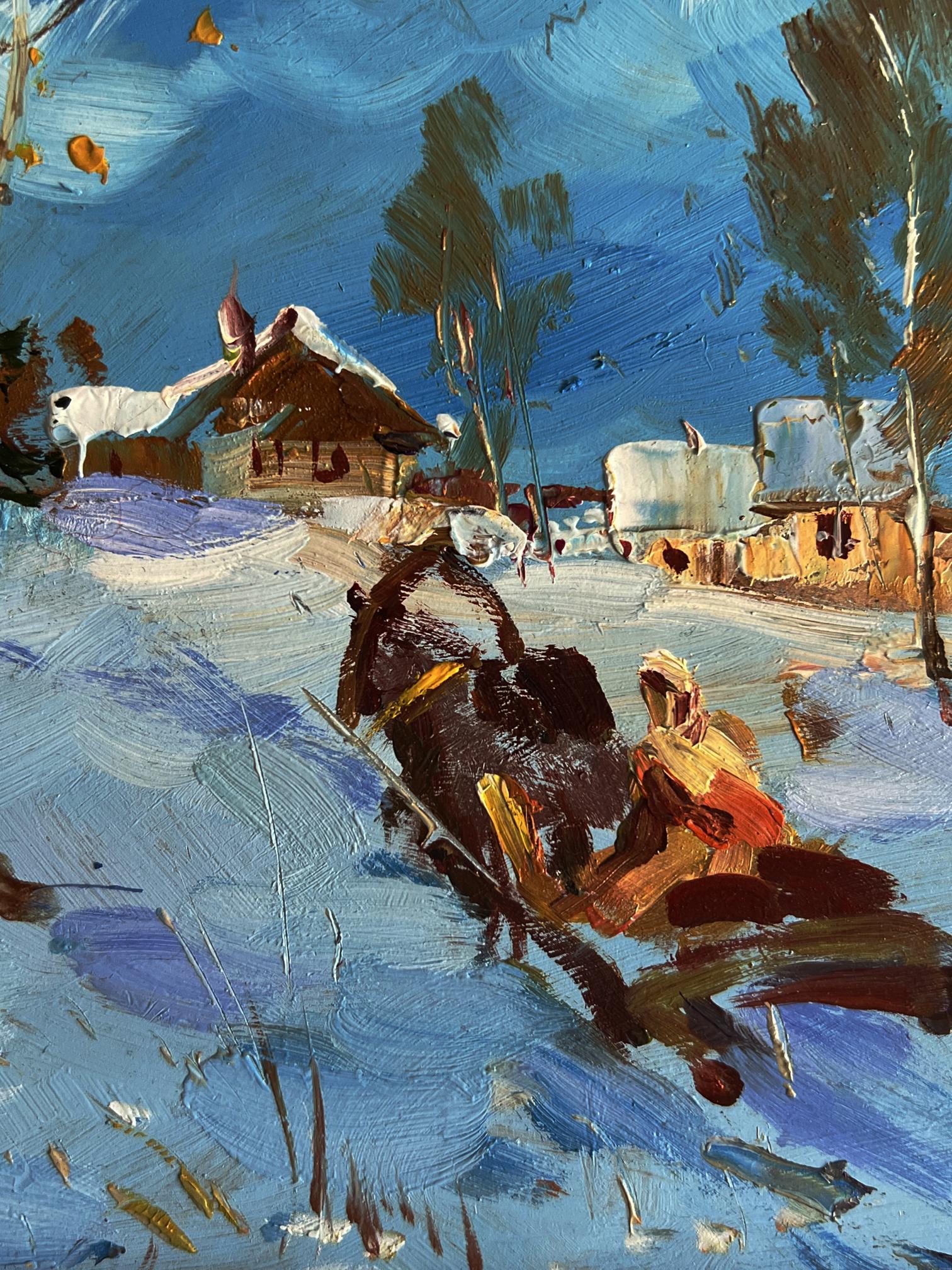 Oil painting Winter village by Yuriy Suprunchuk snowy sleigh scene
