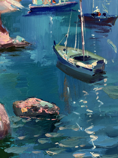 Impressionistic oil painting of small green-hull sailboat on rocky shore by Yuriy Suprunchuk
