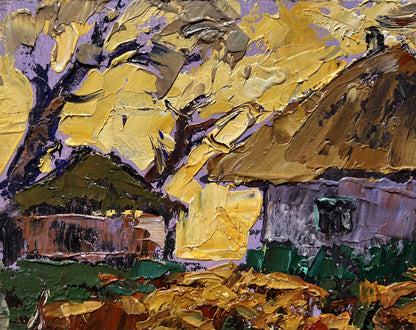Vibrant impressionist oil painting of yellow sunset behind rustic village houses by Oleksiy Ivanyuk