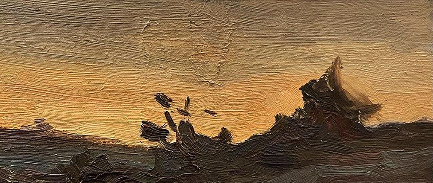 Oil painting In the West by Oleg Kravets: dramatic sunset over rugged terrain
