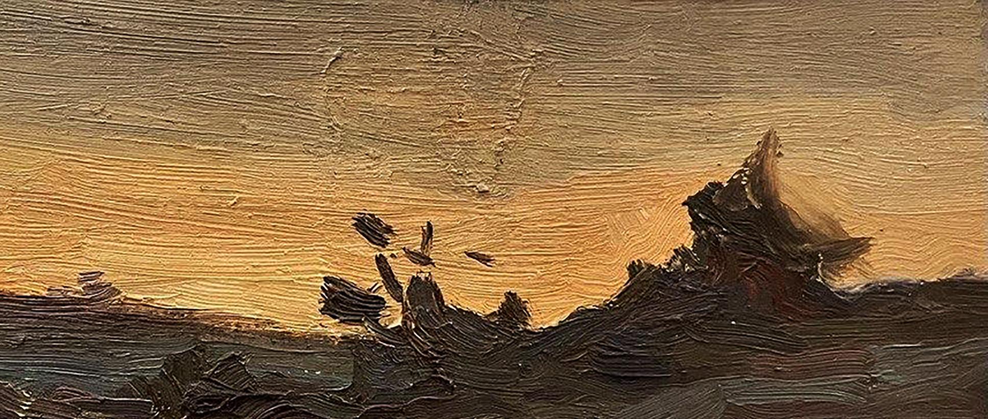 Oil painting In the West by Oleg Kravets: dramatic sunset over rugged terrain