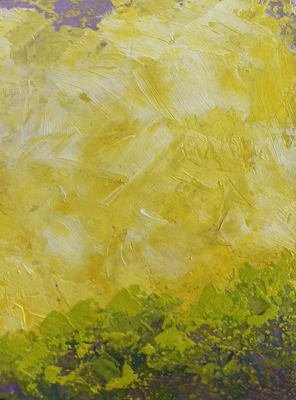 Oil painting The last rays over the forest by V. Zadorozhnya, yellow green abstract
