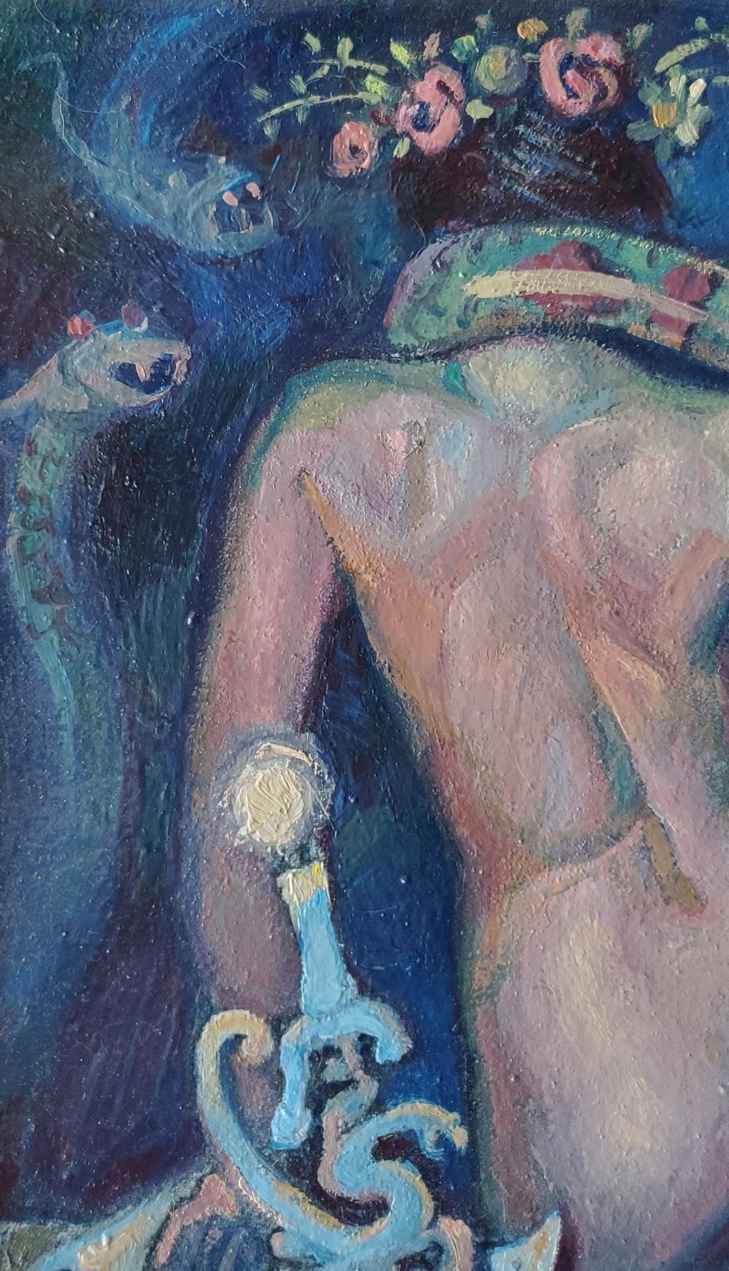 Blue ornate sword on hip in Daniil Litvinov oil painting Visions of the Creature