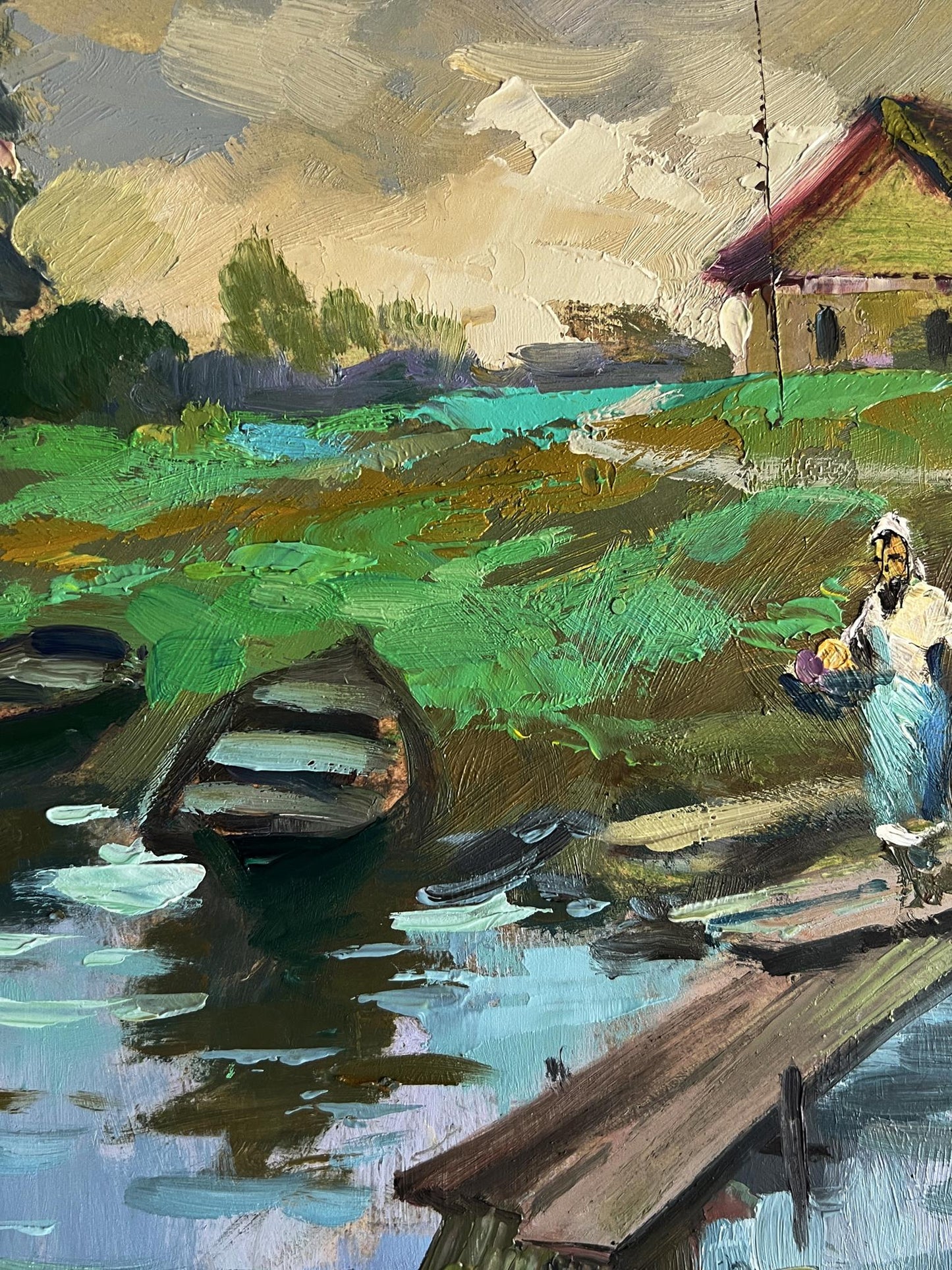 Oil painting of village river with boats on turquoise dock by Yuriy Suprunchuk