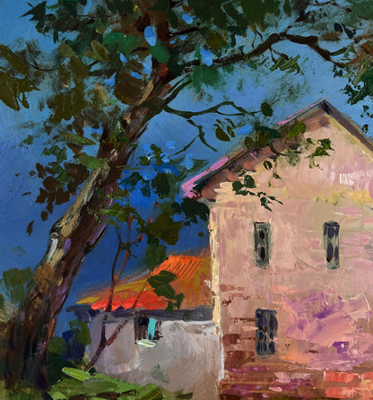 Oil painting by Yuriy Suprunchuk: pink house with orange roof under green tree