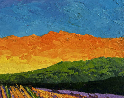 Vibrant impressionist oil painting of plowed fields and sunset by V. Zadorozhnya