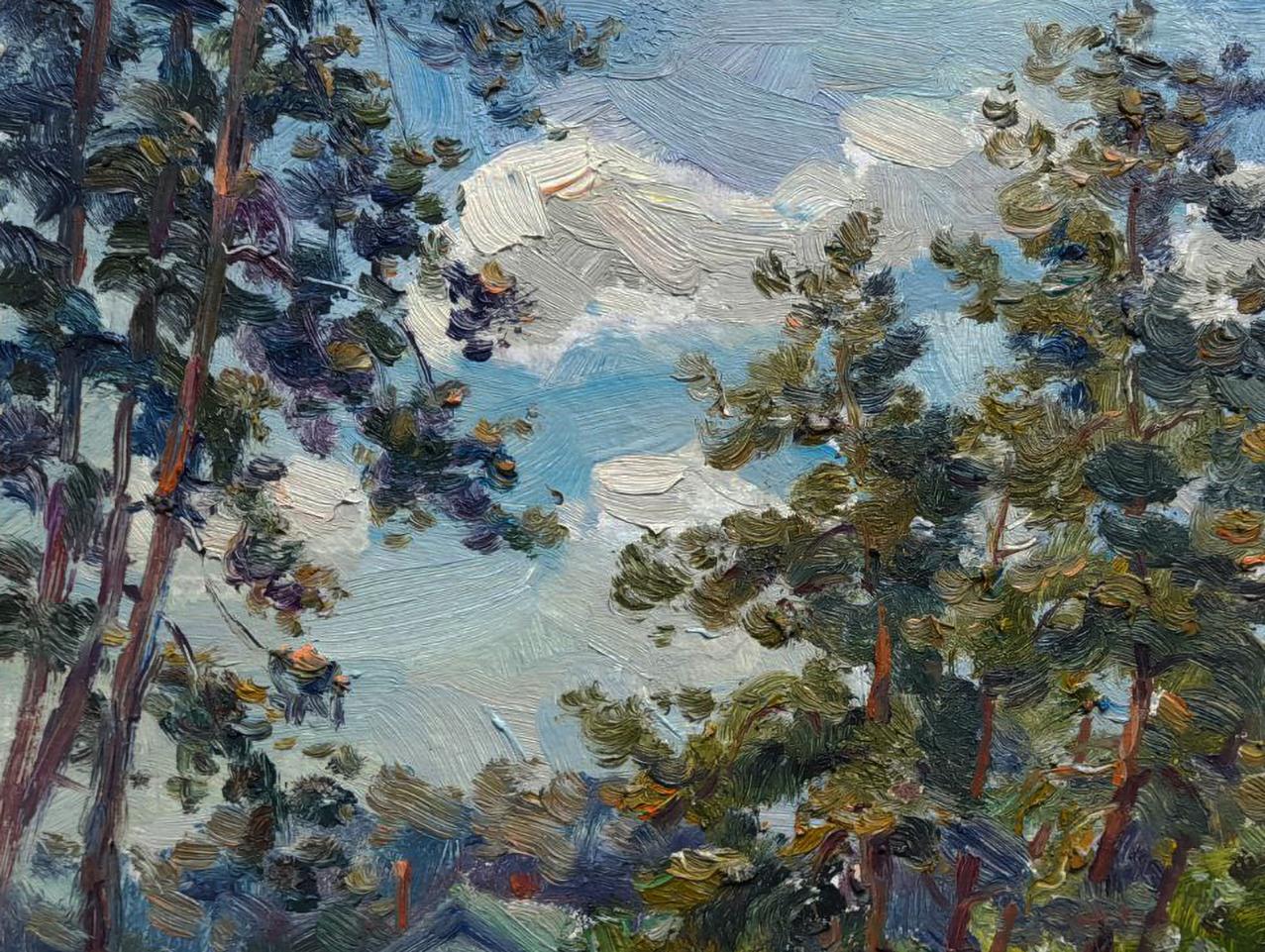 Oil painting of house in forest by Ivan Kovalenko, textured pines and sky